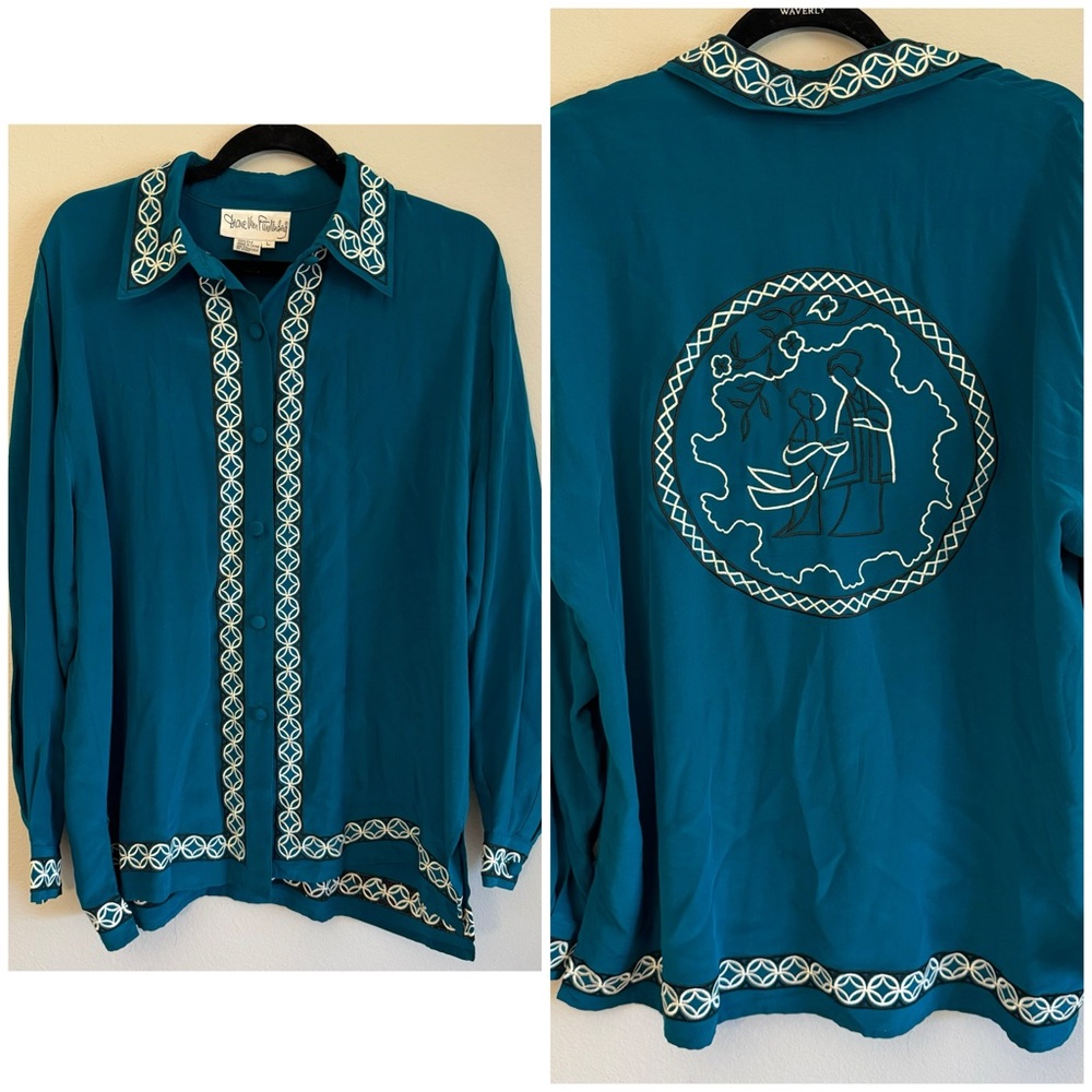 Diane Von Furstenberg DVF Silk Embroidered Button Down Blouse w Asian Design L